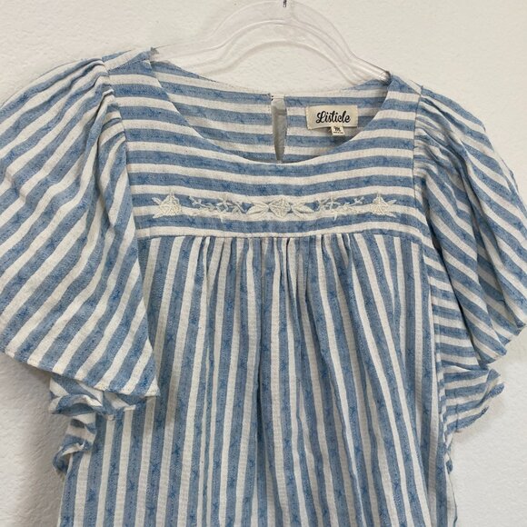 Listicle Medium Blue and White Flutter Sleeve Blouse Cotton Linen Embroidered - Picture 3 of 9